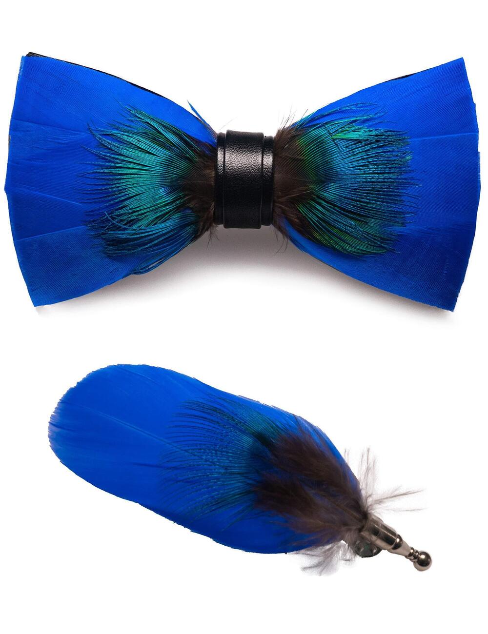 9187 Handmade Feather Pre-tied Bow tie and Brooch Sets blue